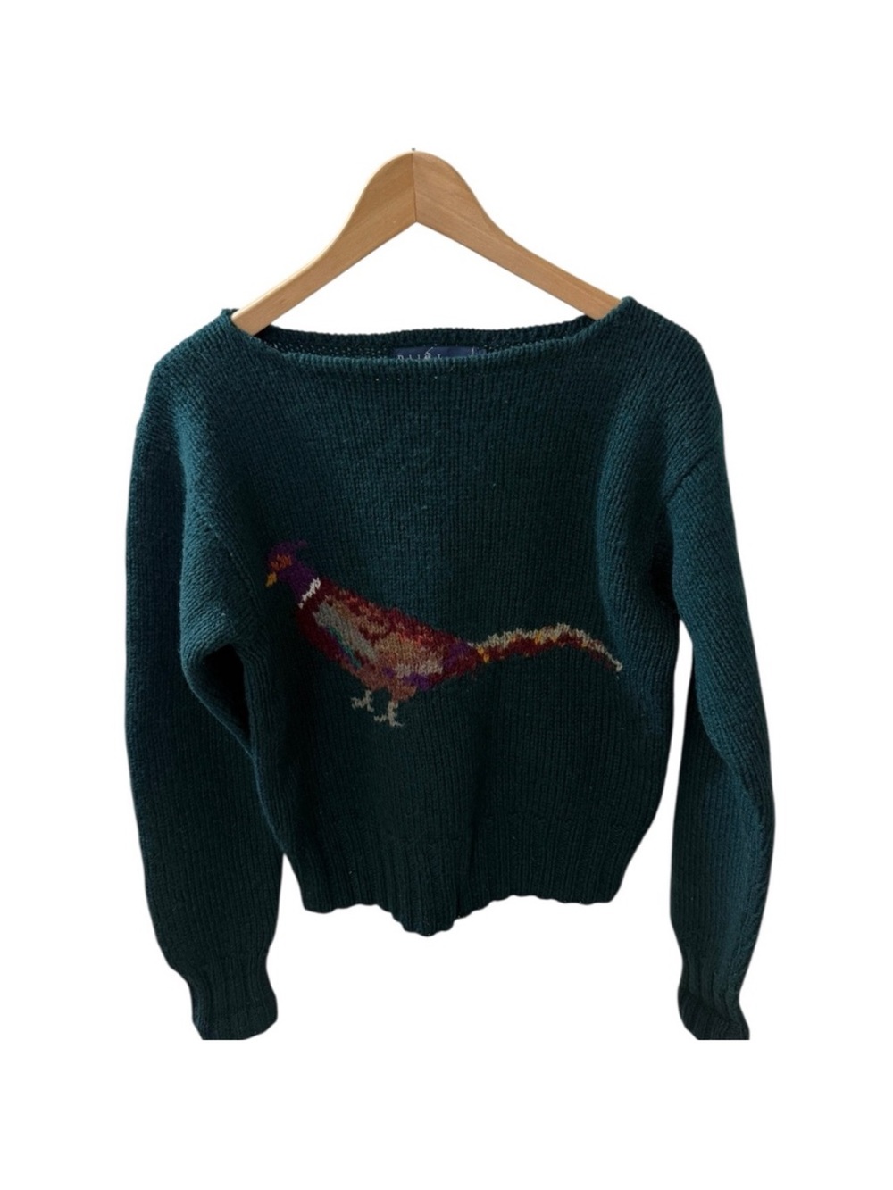 Ralph Lauren Dark Teal Crewneck Sweater with Pheasant Intarsia